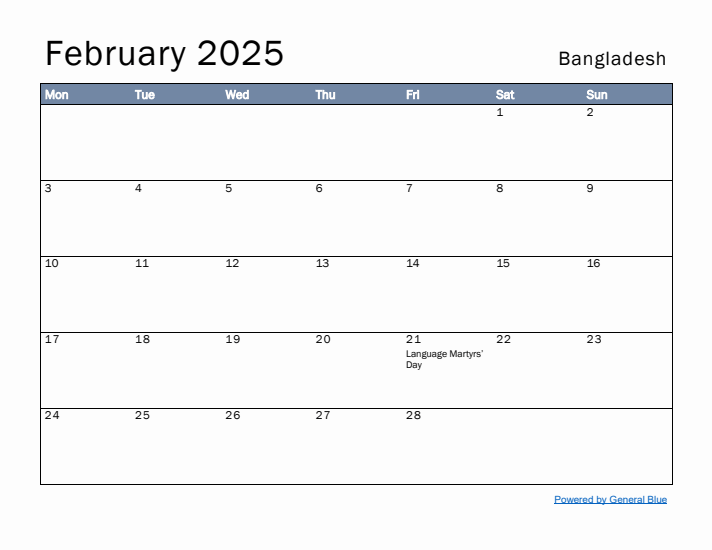 February 2025 Simple Monthly Calendar for Bangladesh