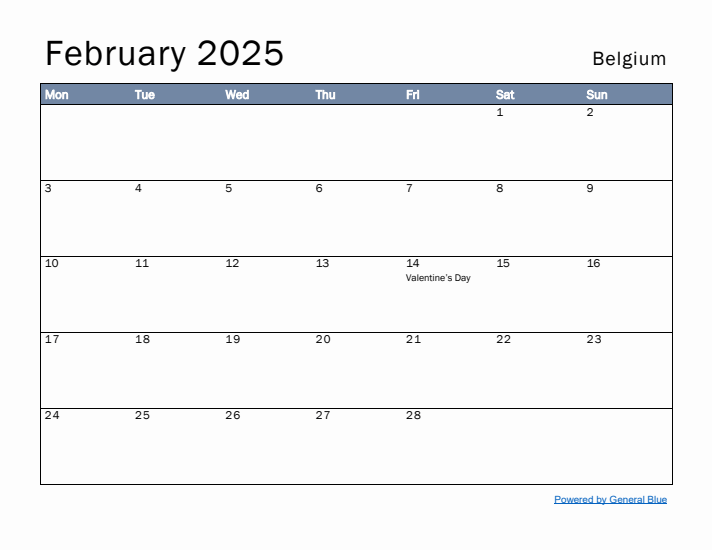 February 2025 Simple Monthly Calendar for Belgium