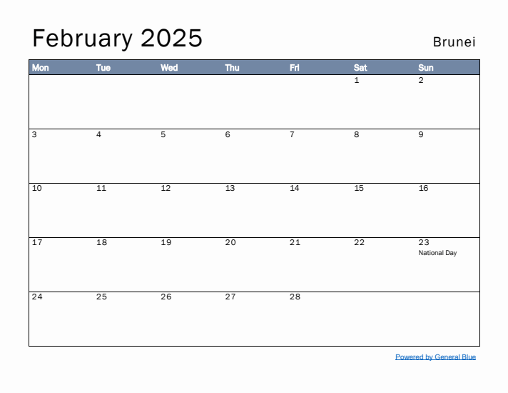 February 2025 Simple Monthly Calendar for Brunei