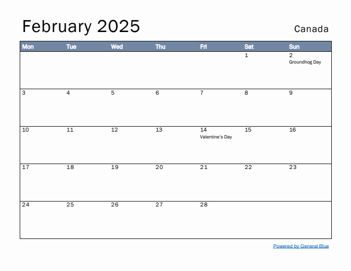 February 2025 Simple Monthly Calendar for Canada