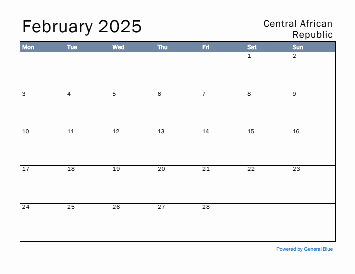 February 2025 Simple Monthly Calendar for Central African Republic