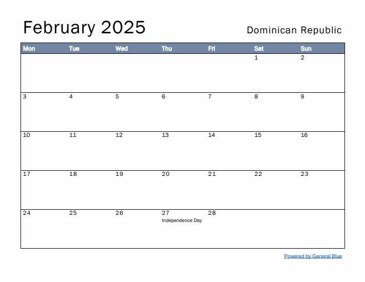 February 2025 Simple Monthly Calendar for Dominican Republic