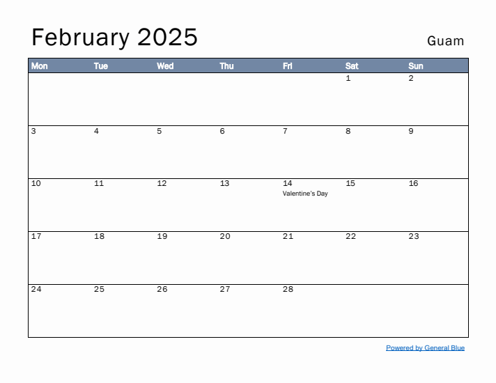 February 2025 Simple Monthly Calendar for Guam