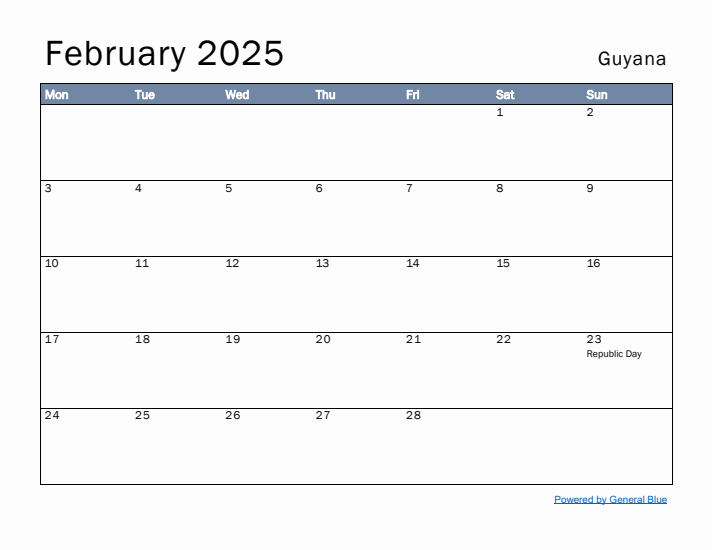 February 2025 Simple Monthly Calendar for Guyana