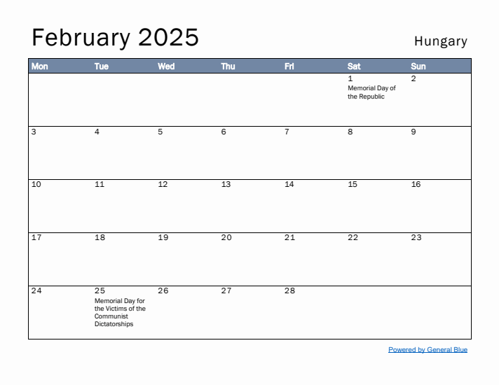 February 2025 Simple Monthly Calendar for Hungary