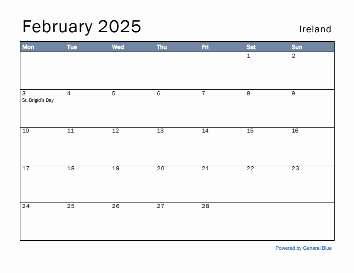 February 2025 Simple Monthly Calendar for Ireland