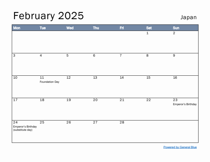 February 2025 Simple Monthly Calendar for Japan