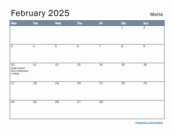 February 2025 Simple Monthly Calendar for Malta