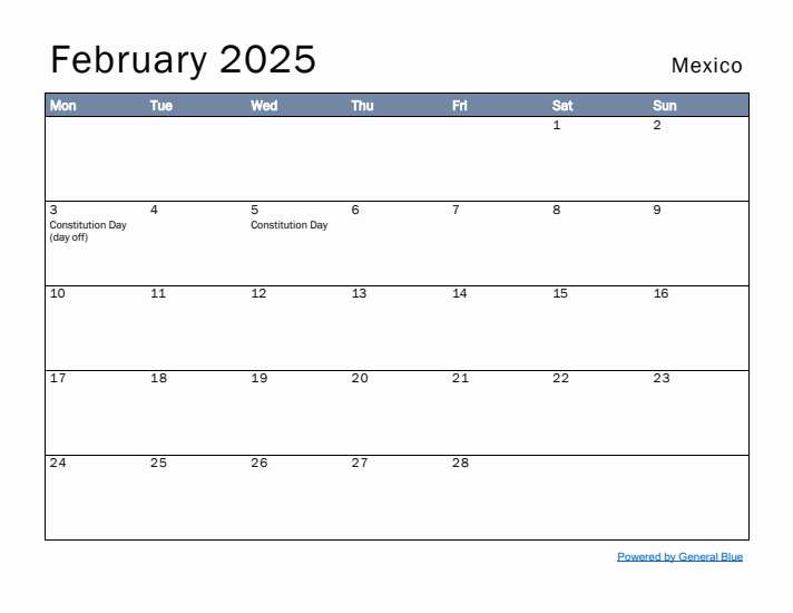 February 2025 Simple Monthly Calendar for Mexico