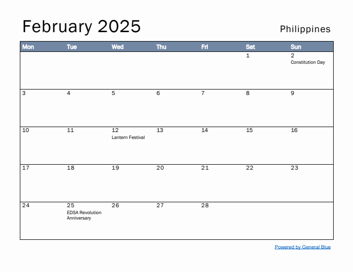 February 2025 Simple Monthly Calendar for Philippines