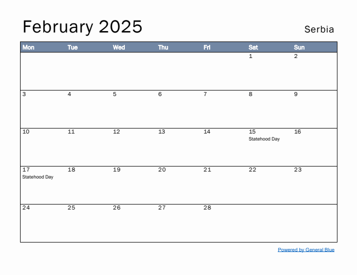 February 2025 Simple Monthly Calendar for Serbia