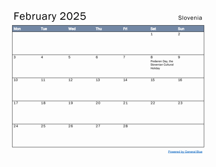 February 2025 Simple Monthly Calendar for Slovenia