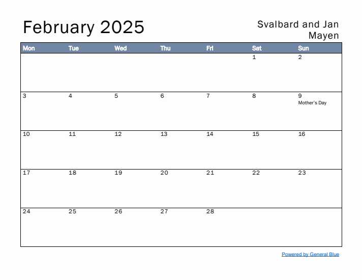 February 2025 Simple Monthly Calendar for Svalbard and Jan Mayen