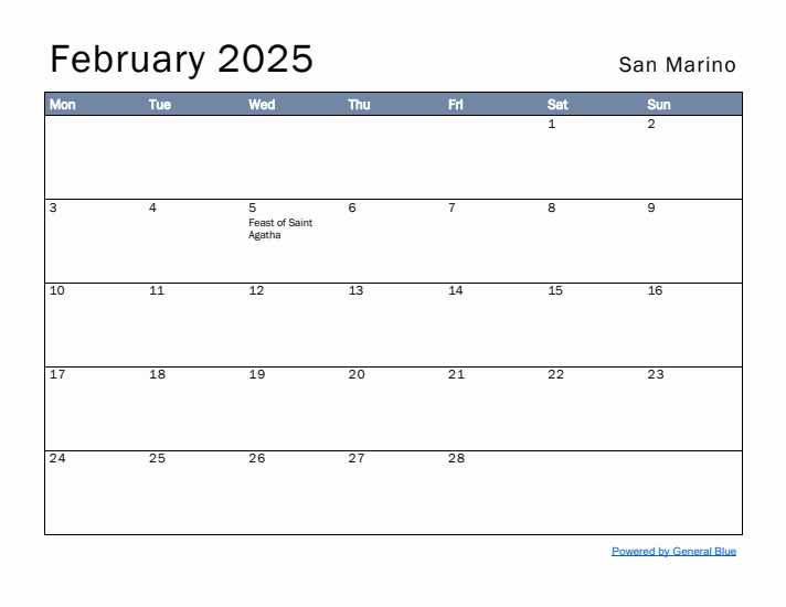 February 2025 Simple Monthly Calendar for San Marino