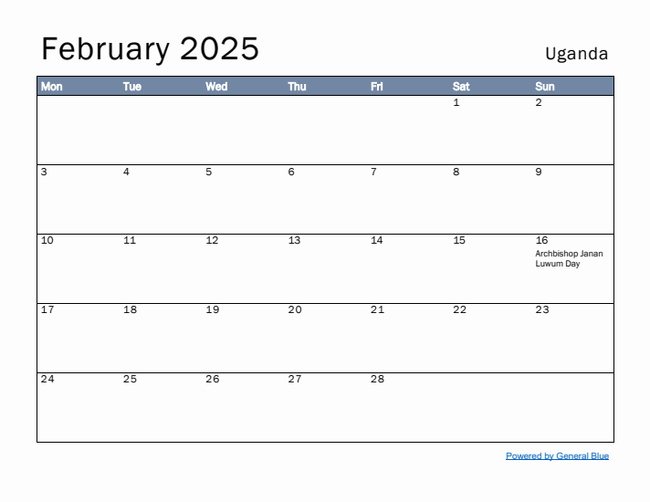 February 2025 Simple Monthly Calendar for Uganda