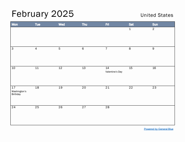 February 2025 Simple Monthly Calendar for United States