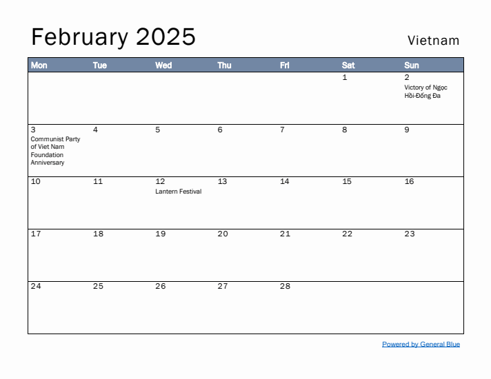 February 2025 Simple Monthly Calendar for Vietnam