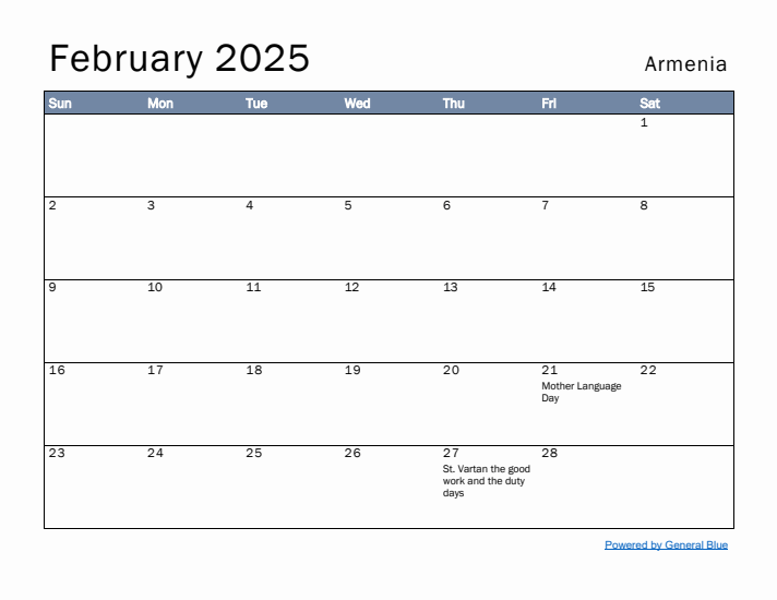 February 2025 Simple Monthly Calendar for Armenia