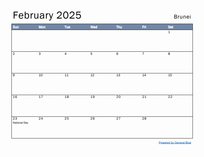 February 2025 Simple Monthly Calendar for Brunei