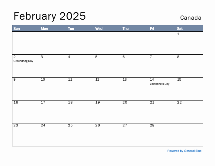 February 2025 Simple Monthly Calendar for Canada