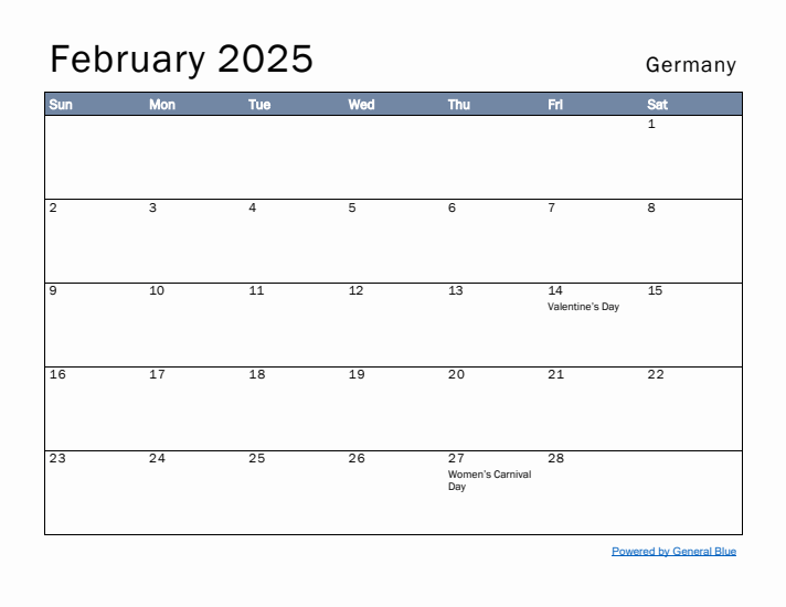 February 2025 Simple Monthly Calendar for Germany