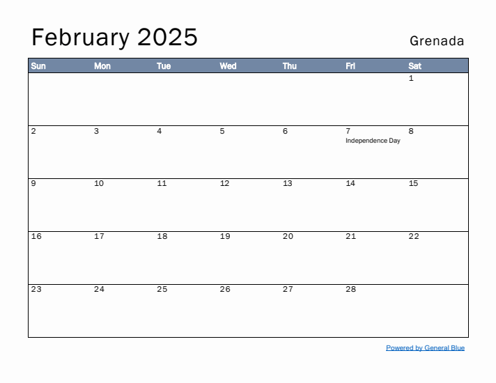 February 2025 Simple Monthly Calendar for Grenada