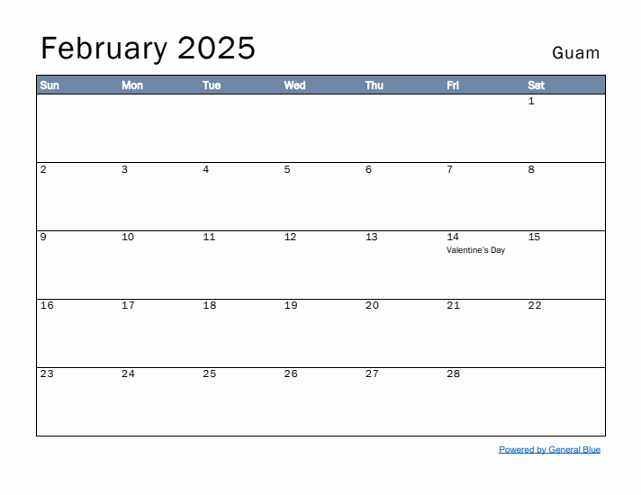 February 2025 Simple Monthly Calendar for Guam