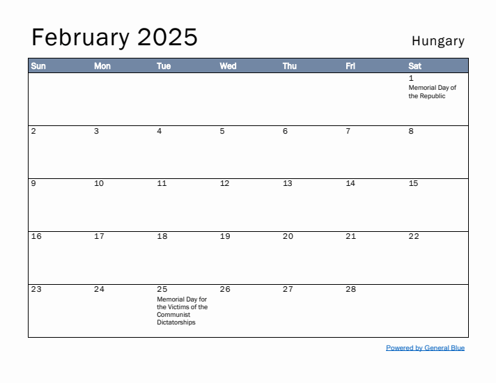 February 2025 Simple Monthly Calendar for Hungary