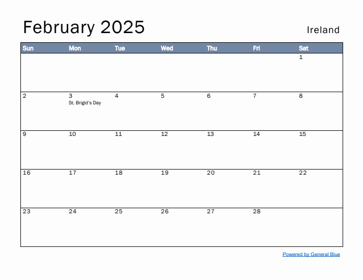 February 2025 Simple Monthly Calendar for Ireland