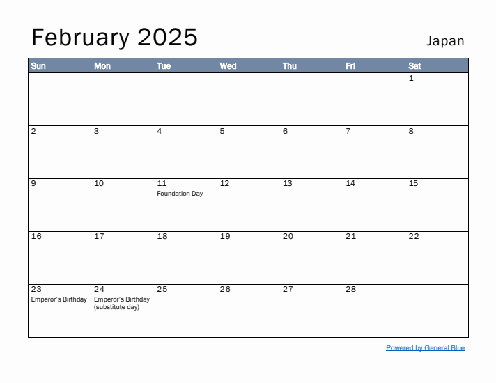 February 2025 Simple Monthly Calendar for Japan