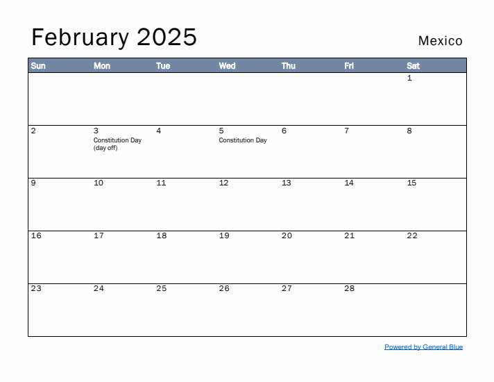 February 2025 Simple Monthly Calendar for Mexico