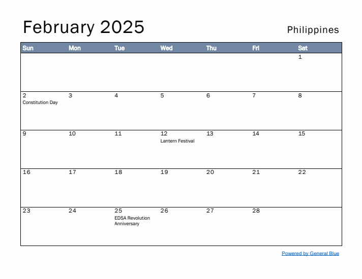 February 2025 Simple Monthly Calendar for Philippines