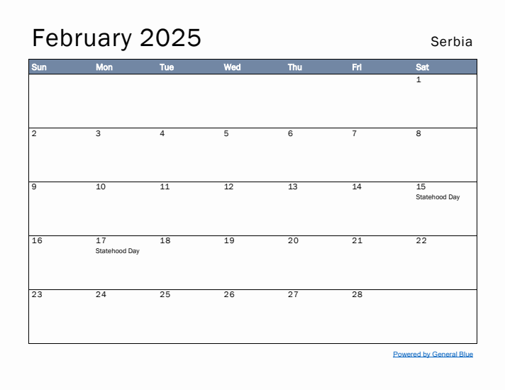 February 2025 Simple Monthly Calendar for Serbia