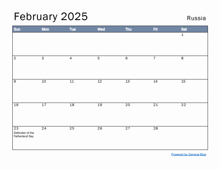 February 2025 Simple Monthly Calendar for Russia