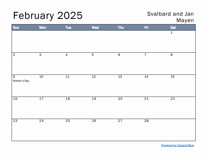 February 2025 Simple Monthly Calendar for Svalbard and Jan Mayen