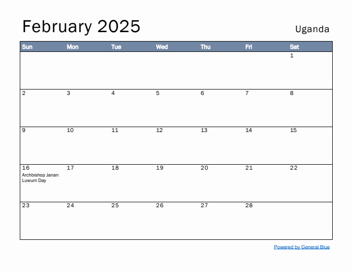 February 2025 Simple Monthly Calendar for Uganda