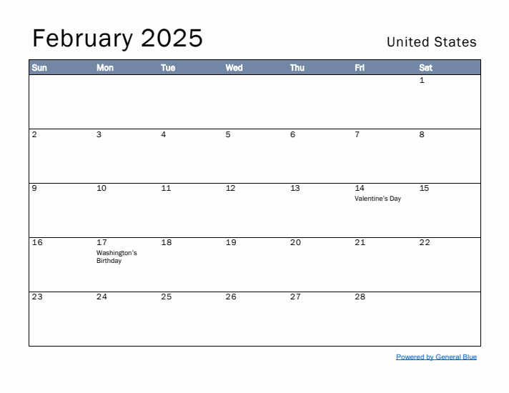 February 2025 Simple Monthly Calendar for United States