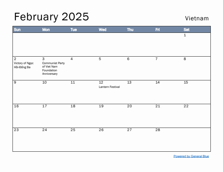 February 2025 Simple Monthly Calendar for Vietnam