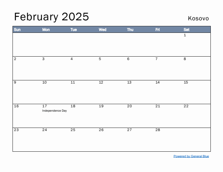 February 2025 Simple Monthly Calendar for Kosovo