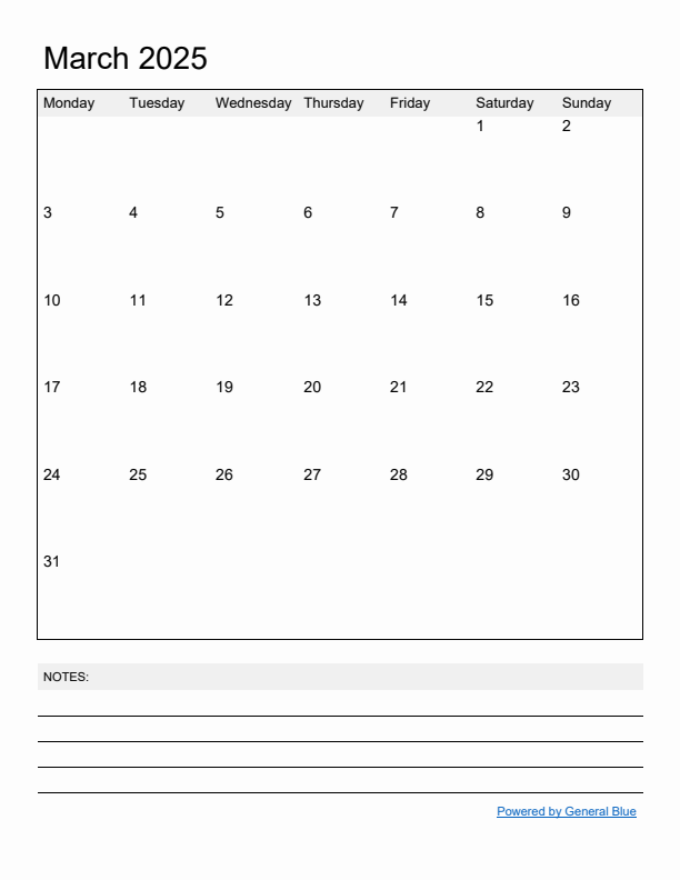 Basic Monthly Calendar Template for March 2025