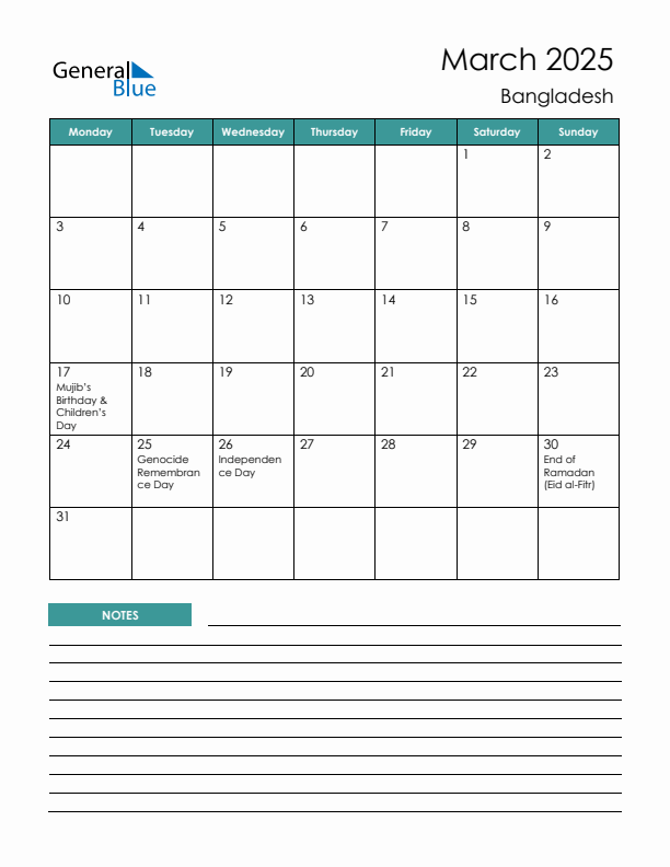 Calendar with Notes Printable - Monday Start