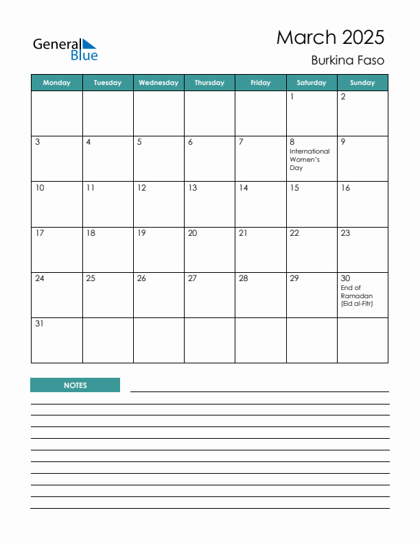 Calendar with Notes Printable - Monday Start