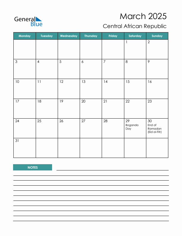 Calendar with Notes Printable - Monday Start