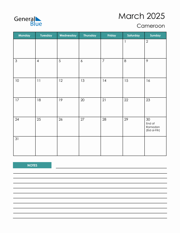 Calendar with Notes Printable - Monday Start