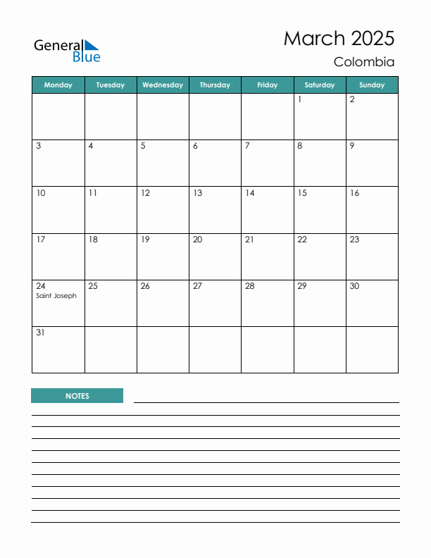 Calendar with Notes Printable - Monday Start