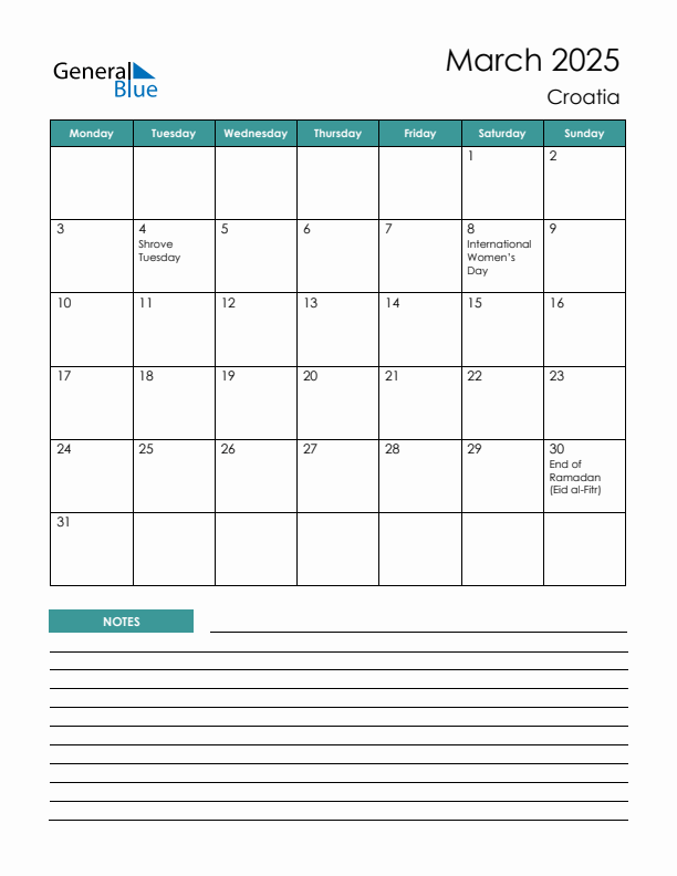 Calendar with Notes Printable - Monday Start