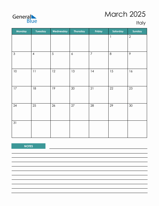 Calendar with Notes Printable - Monday Start