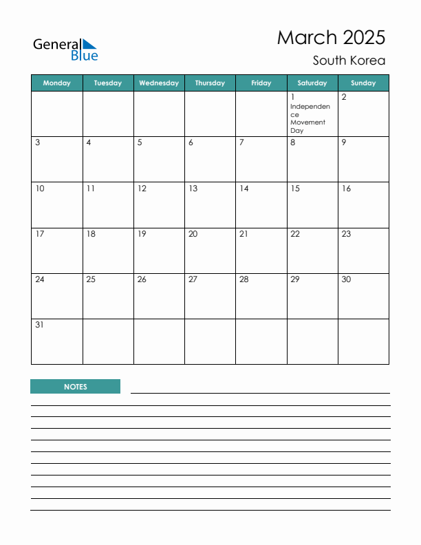 Calendar with Notes Printable - Monday Start