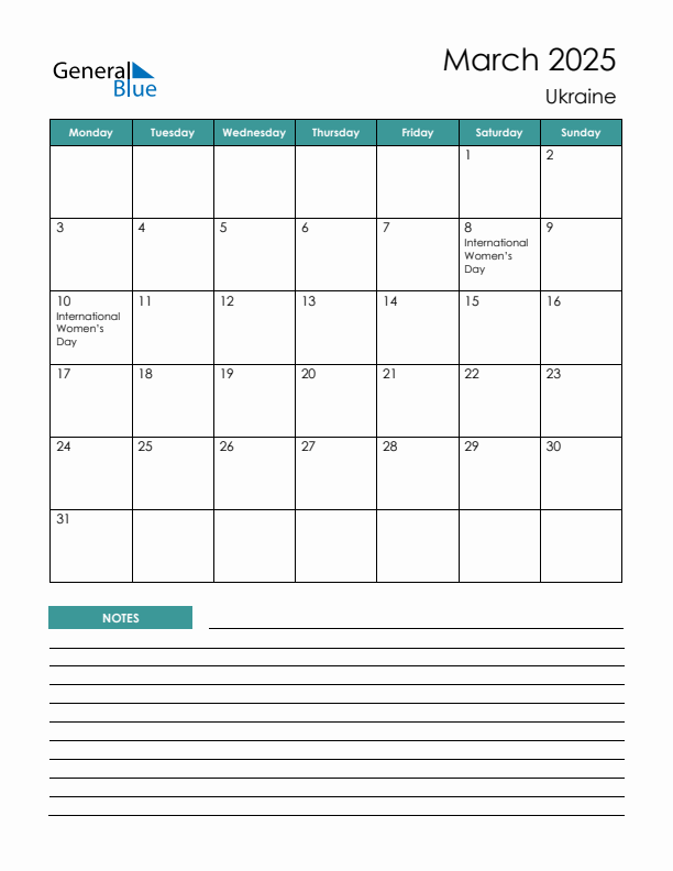 Calendar with Notes Printable - Monday Start