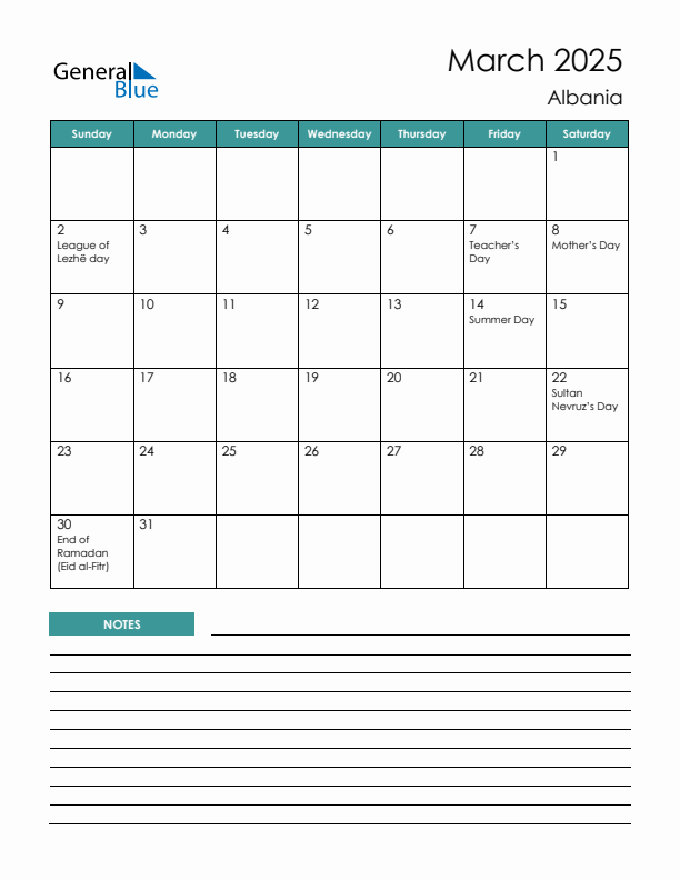 Calendar with Notes Printable - Sunday Start